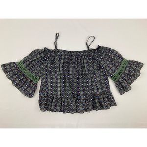 Takara Green Navy Off Shoulder Spaghetti Strap Bohemian Blouse Size S